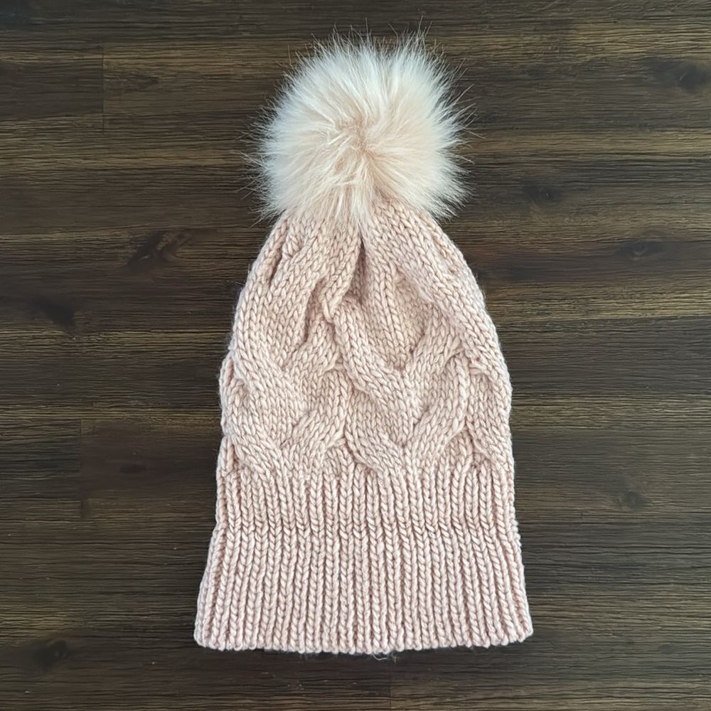Express Pale Pink Knit Winter Beanie with Pom Pom - Picture 2 of 10